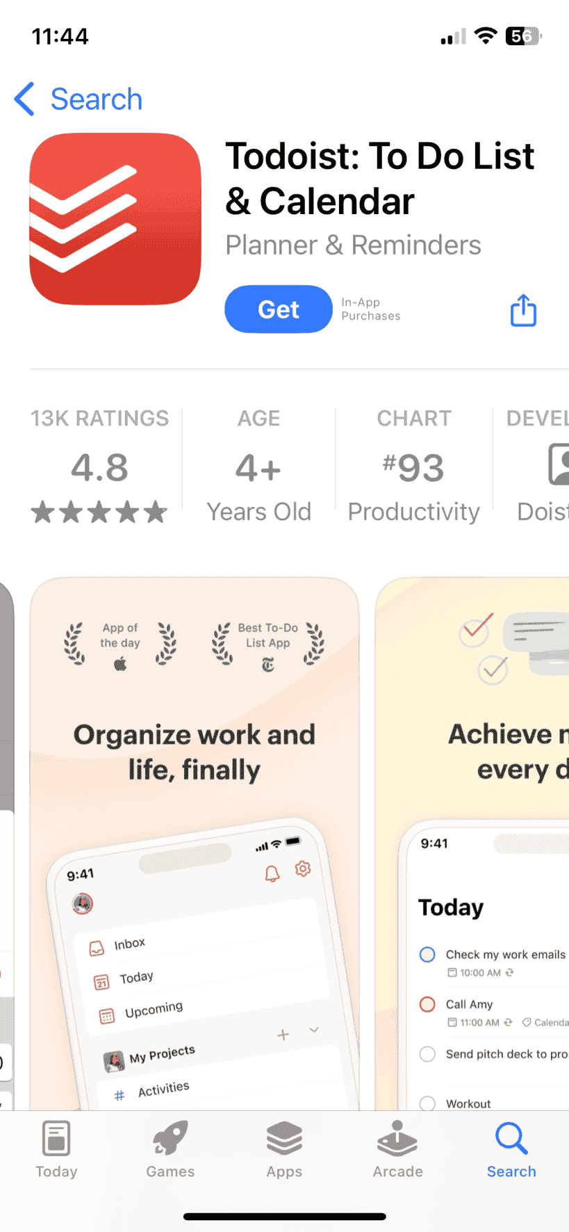 Apple App Store の Todoist アプリでは、ユーザーがスクロールできるアプリ画像の横長ギャラリーが表示されている。